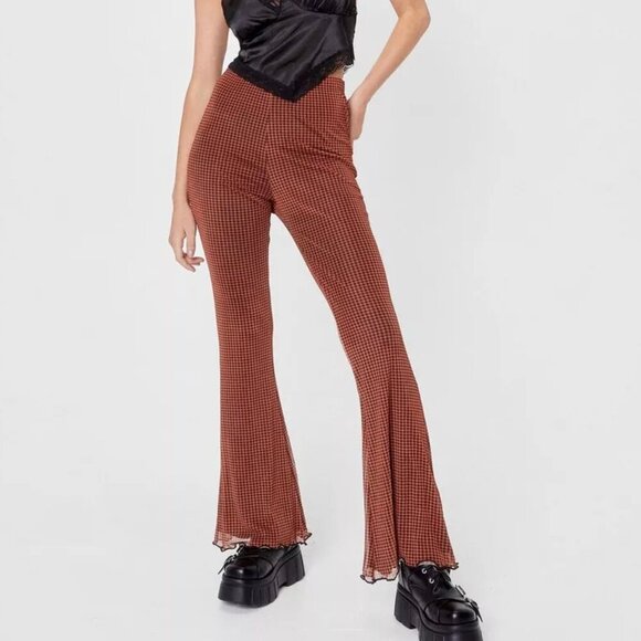 NASTY GAL Gingham Mesh High Waisted Flare Pants - Picture 1 of 6